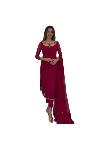 MYSMAR Red Faux Georgette Salwar Kameez & Dupatta - HRT4616 | Red
