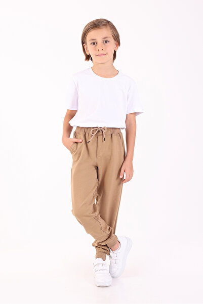 Rekormoda Pantaloni de trening pentru băieți școală și ocazional basic Pantaloni de trening cu două fire de tranziție Bej 5-14 ani Bej