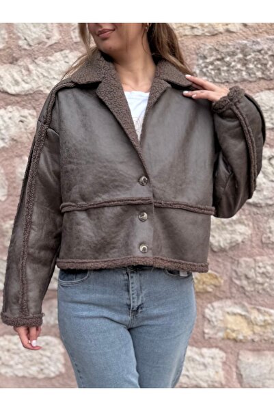 PELTEX Brown Plush Striped 3 Button Leather Jacket