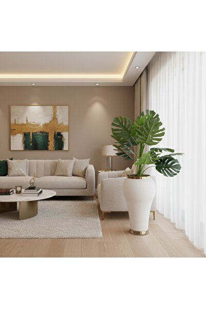 lya luxury 150 cm Yapay Monstera Ağaç – Gold Detaylı Beyaz Saksı – Salon & Of...