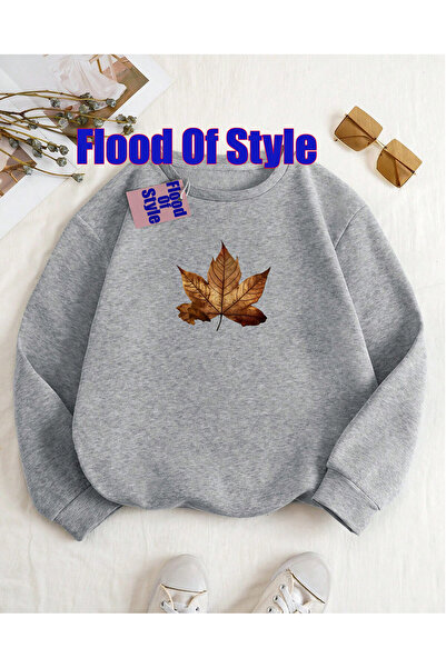 Flood Of Style Gray Leaf Minimalist Printed Crew Neck Sweatshirt