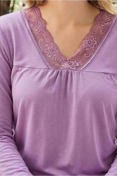 MORRO Long Sleeve Viscose Pajama Set Lace Detail Comfortable Casual Sleepwear Set