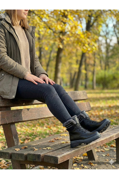 Acropol Women's Black Fur Laced Thick Soled Winter Boots