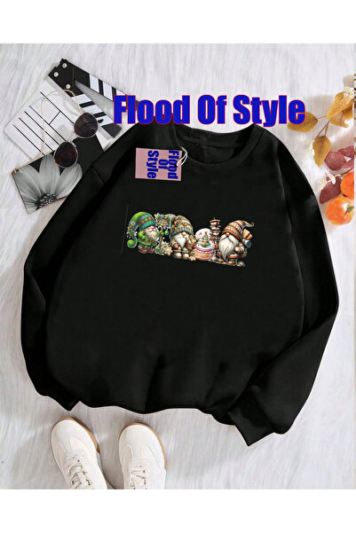 Flood Of Style سويت شيرت أسود بياقة بيسكيت مينيماليست مطبوع من نويل