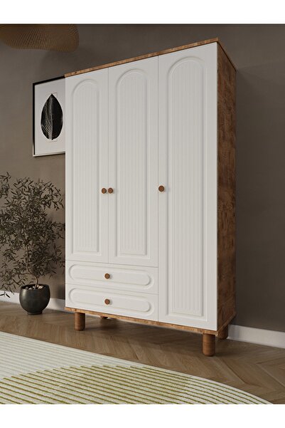 umondesign Umon Design Bohem 3 Kapaklı 2 Çekmeceli Askılı Gardırop Geniş Elbise Dolabı MDF KAPAK