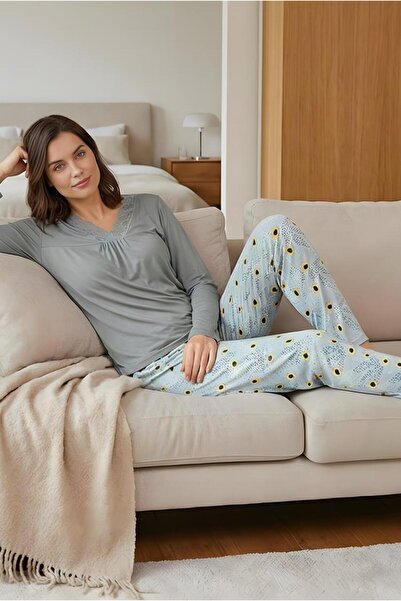 MORRO Long Sleeve Viscose Pajama Set Lace Detail Comfortable Casual Sleepwear Set
