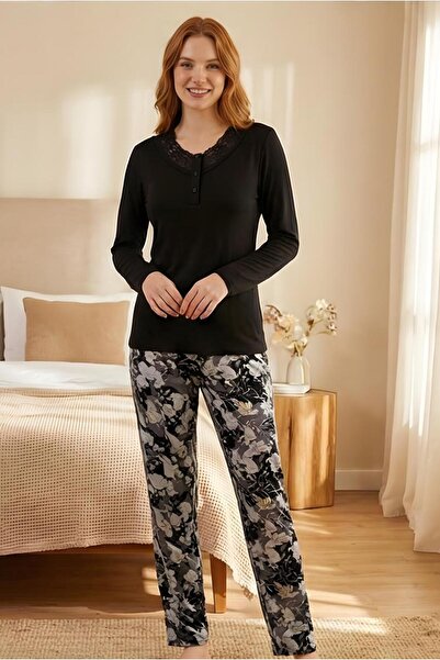 MORRO Long Sleeve Viscose Pajama Set Lace Detail Comfortable Casual Sleepwear Set