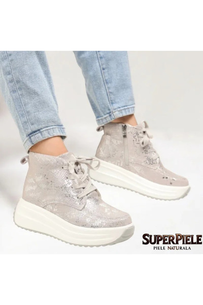 ANGEL BLUE Women's silver suede leather ankle boots with glitter, high sole |SARBOLA|