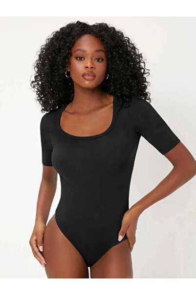 MetuCA Women's Black U-Neck Short Sleeve Double Layer Sandy Fabric Thong Body...