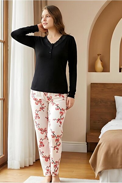 MORRO Long Sleeve Viscose Pajama Set Lace Detail Comfortable Casual Sleepwear Set
