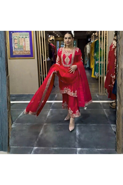 MYSMAR Red Chinnon Silk Salwar Kameez & Dupatta - HRT5385 | Red