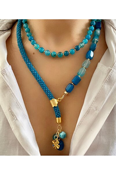 Takkı by Handan Kristal el örgüsü ve mavi akik taşı tasarım kolye.