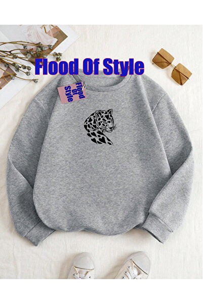 Flood Of Style Сива минималистична блуза с принт на лъв за велосипед