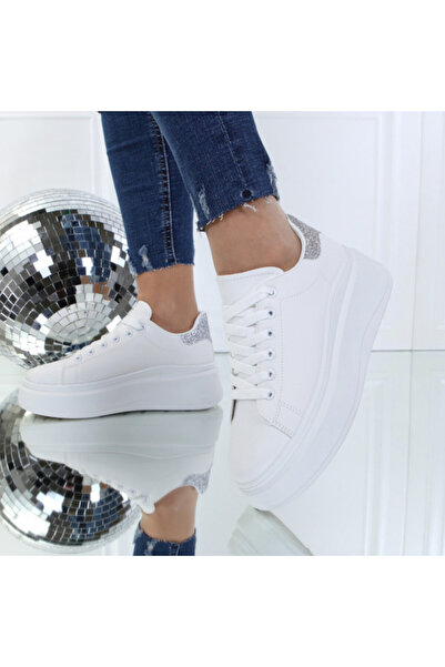nina White and Silver Lightweight Synthetic Leather Sneakers