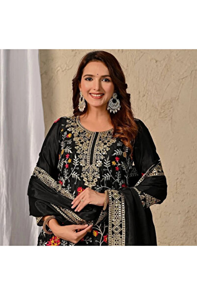 MYSMAR Black Chinnon Silk Kurti Sharara Dupatta - HRT5309 | Black
