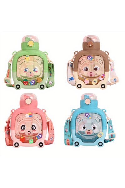 Issa Children's Bottle 20x12x6cm with Silicone Straw, Handle and Strap - Animal Models, Various Colors