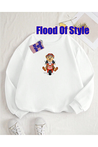 Flood Of Style White Motor Bear Minimalist cu imprimeu Biker Yaka Sweatshirt