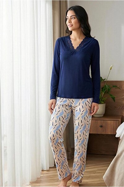 MORRO Long Sleeve Viscose Pajama Set Lace Detail Comfortable Casual Sleepwear Set