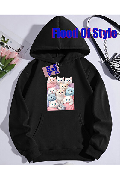 Flood Of Style سويت شيرت بياقة بيسكيت مطبوع من بلاك كات مينيماليست