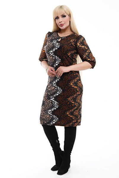 Mooi XXL Women's Coffee Stone Pattern Drop Neck Balloon Sleeve Plus Size Stretchy Suede Dress
