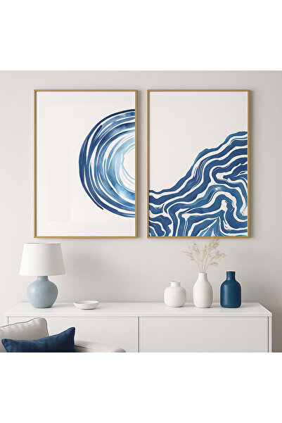 Linacci Σετ 2 Χρυσό Μεταλλικό Πλαίσιο Μπλε Λευκό Γυαλί Πίνακας