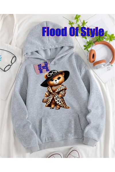 Flood Of Style Gray Bear Leopard Minimalist Printed Crew Neck Sweatshirt