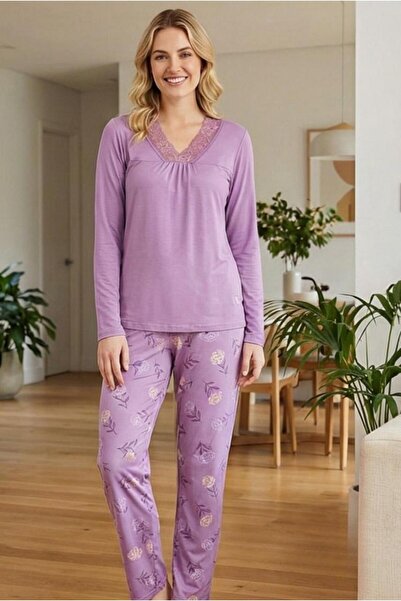 MORRO Long Sleeve Viscose Pajama Set Lace Detail Comfortable Casual Sleepwear Set