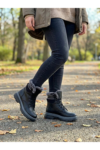 Acropol Women's Black Fur Laced Thick Soled Winter Boots