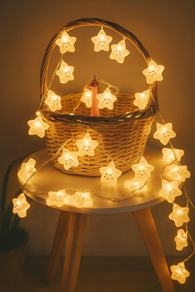 etxShop Pilli Gülen Yüz Yıldız Led Işık Dekoratif 3 metre İp Yıldız Led Zinciri Yılbaşı Süs Aydınlatma