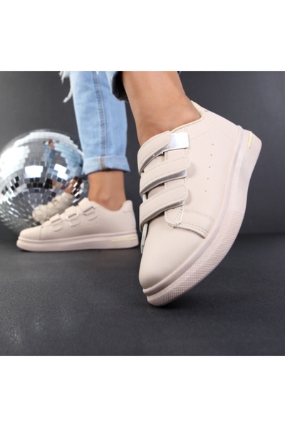 Alaza Beige Velcro -Leather Sneakers