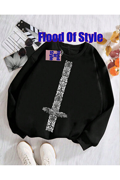 Flood Of Style Μινιμαλιστικό φούτερ με μαύρη ζώνη με τύπωμα Biscuit Collar