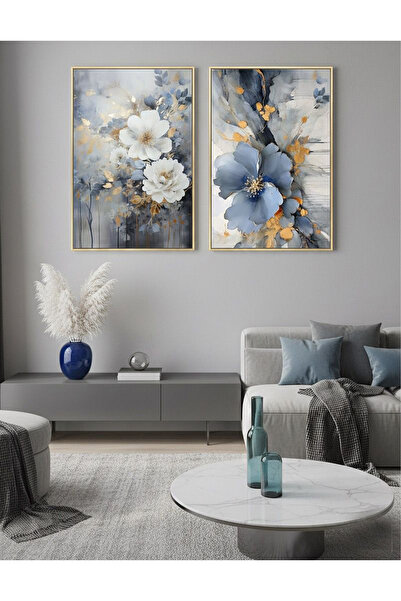 Linacci Σετ 2 χρυσών μεταλλικών κορνίζες με μπλε λουλούδια με γυάλινο πίνακα μόδας