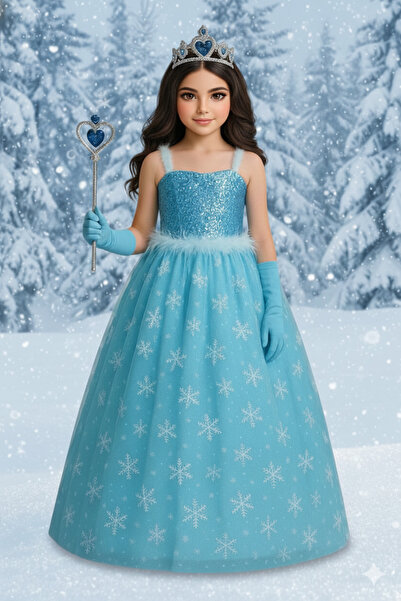 Parti Kırtasiye Frozen Elsa Kız Çocuk Mavi Prenses Kar Temalı Uzun Tüllü Kost...