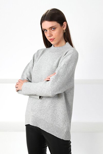 Ferraro Gray Sleeve Slit Detailed Half Turtleneck Cashmere Women's Knitwear Sweater