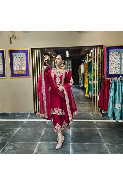 MYSMAR Red Chinnon Silk Salwar Kameez & Dupatta - HRT5385 | Red