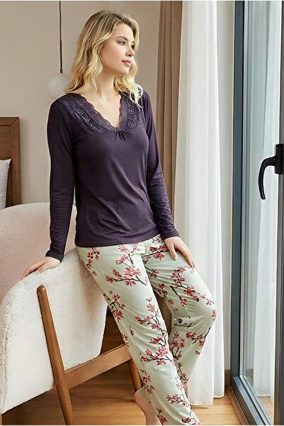 MORRO Long Sleeve Viscose Pajama Set Lace Detail Comfortable Casual Sleepwear Set