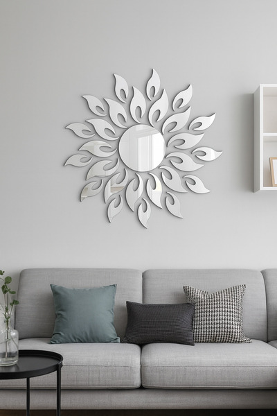 Nirvana Decor Güneş Motifli Pleksi Ayna Duvar Dekoru, Gold / Gümüş Modern Dekoratif Salon & Yatak Odası Duvar Süsü