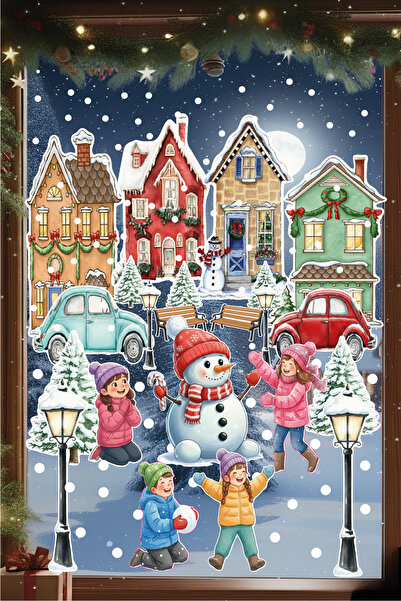 Ayza Tasarım Yılbaşı Yeni Yıl Karlı Şehir Karlı Evler Cam Duvar Kapı Sticker ...