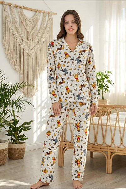 MORRO طقم بيجامة نسائي بأزرار وأكمام طويلة ياقة دائرية مريح ومريح