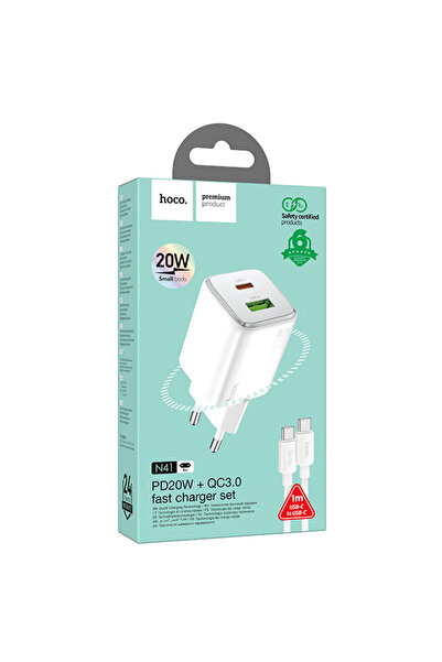 Hoco Incarcator Retea (N41) + Cablu USB-C, 20W, 1xUSB-C, 1xUSB-A, PD, QC 3.0,...
