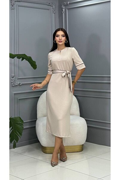 Genesis cannes Short Sleeve Crew Neck Zipper Collar Ecru Long E Dress