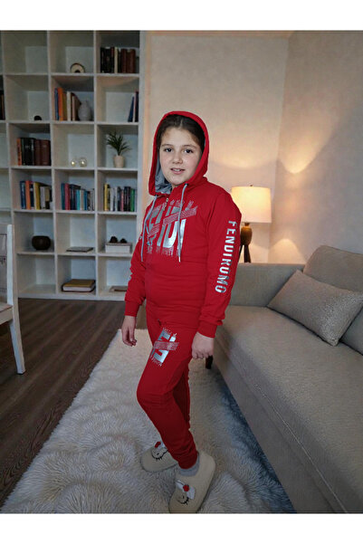Store Kız Çocuk Kapüşonlu Fermuarlı Taş Detaylı Eşofman Takımı - Kırmızı