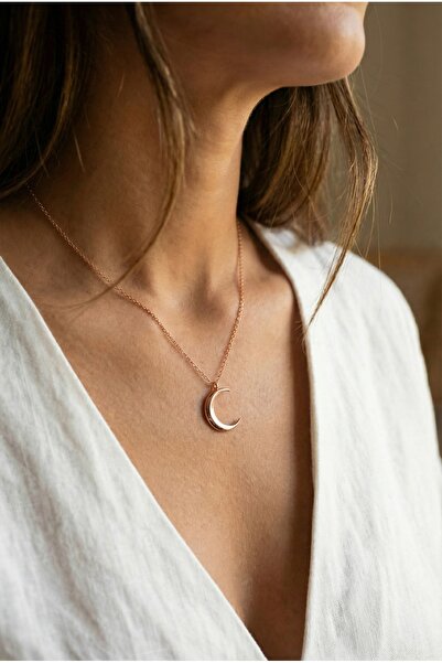 neshely jewelry 925 Ayar Orjinal Gümüş Hilal Ay Rose Rengi Gümüş Kolye