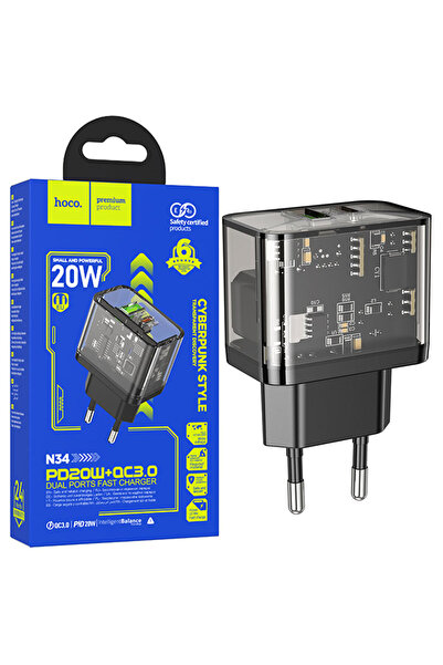 Hoco Τροφοδοτικό (N34), 20W, 1xUSB-C, 1xUSB-A, PD, QC 3.0, Διαφανές, Μαύρο