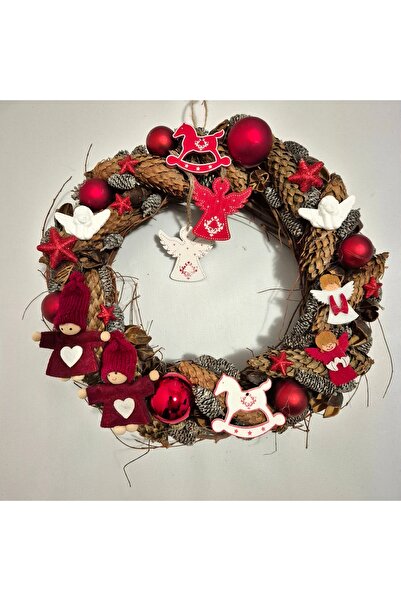 Yellow Tulip Christmas decoration/arrangement, door wreath made of twigs, natural wooden elements and figurines