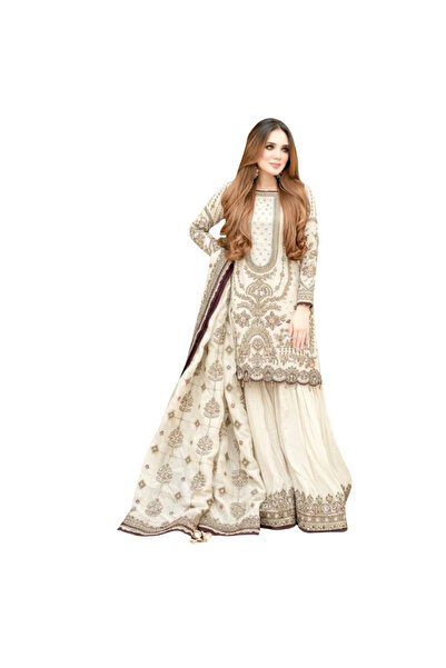 MYSMAR White Faux Georgette Kameez Salwar & Dupatta - HRT5855 | White