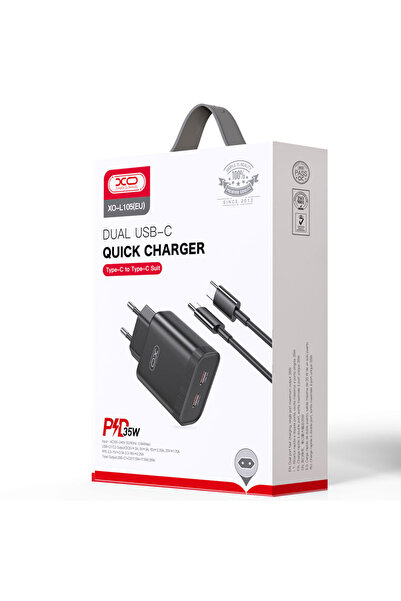 Xo Incarcator Retea (L105) + Cablu USB-C, 35W, 2xUSB-C, PD, Black