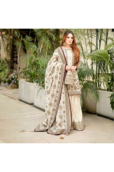 MYSMAR White Faux Georgette Kameez Salwar & Dupatta - HRT5855 | White