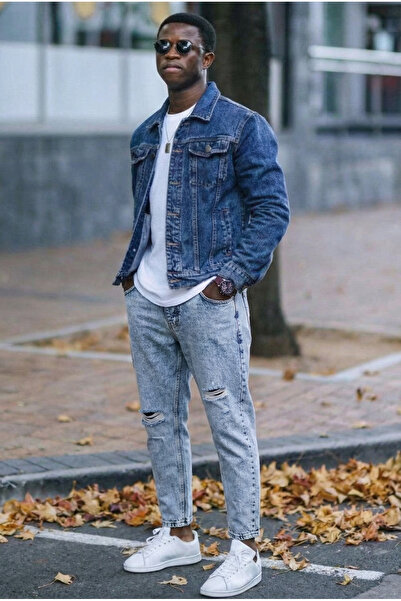 MADZEYMODA Boyfriend Fit Men's Ripped Detailed Blue Washed Denim Jean Pants Bf-389