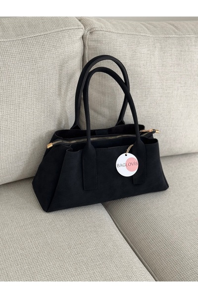 BAGLOVİS Black Suede Women's Shoulder and Shoulder Bag En32 Boy16